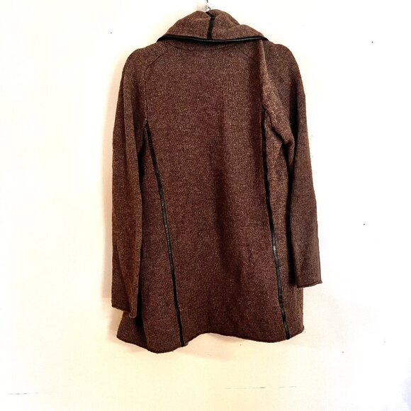 Vince Brown Leather Trim Cardigan Sweater yak wool open - Picture 4 of 8